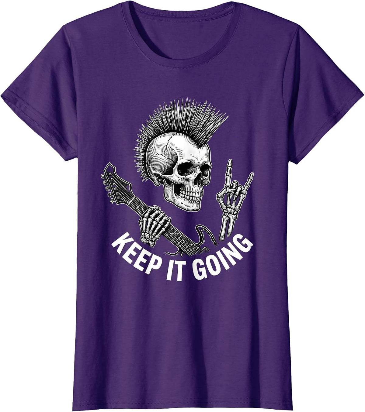 Women's Keep It Going Punk Rock Skeleton Skull Guitar Halloween T-Shirt - Purple
