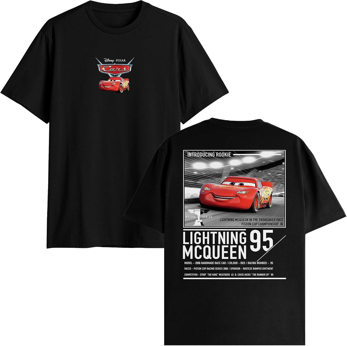 Disney Pixar Cars Lightning McQueen Piston Cup Champion Streetwear Double-Sided T-Shirt - Black
