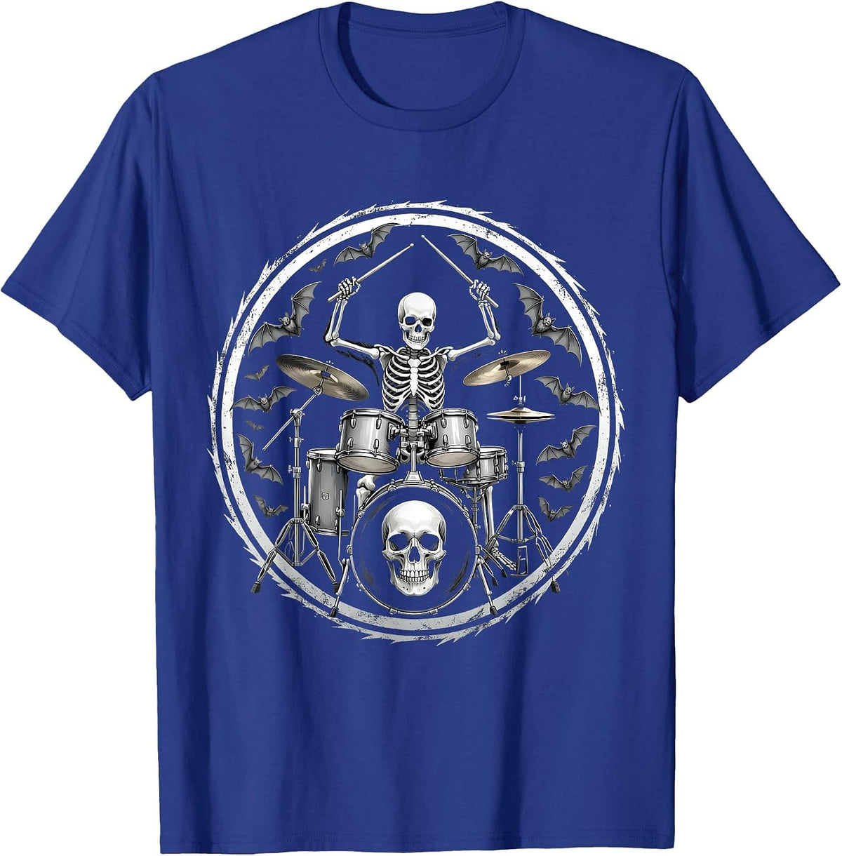 Skeleton Drummer Halloween Bats Graphic T-Shirt - Royal Blue