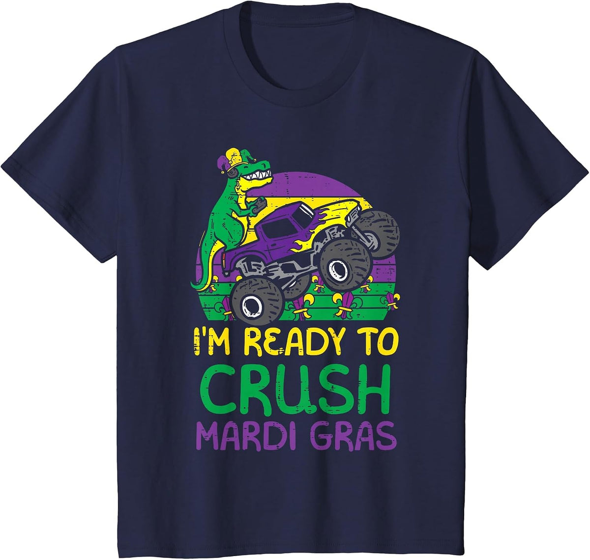 Kids Crush Mardi Gras Dino Monster Truck Funny Toddler Boys Kids T-Shirt - Navy Blue