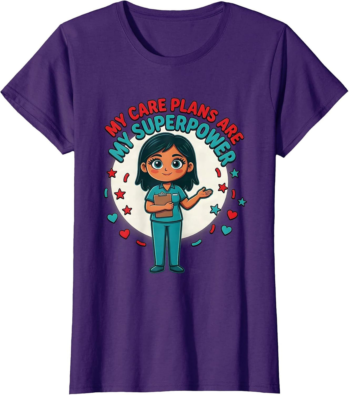 Women's MY CARE PLANS ARE MY SUPERPOWER Cartoon Social Worker T-Shirt - Purple