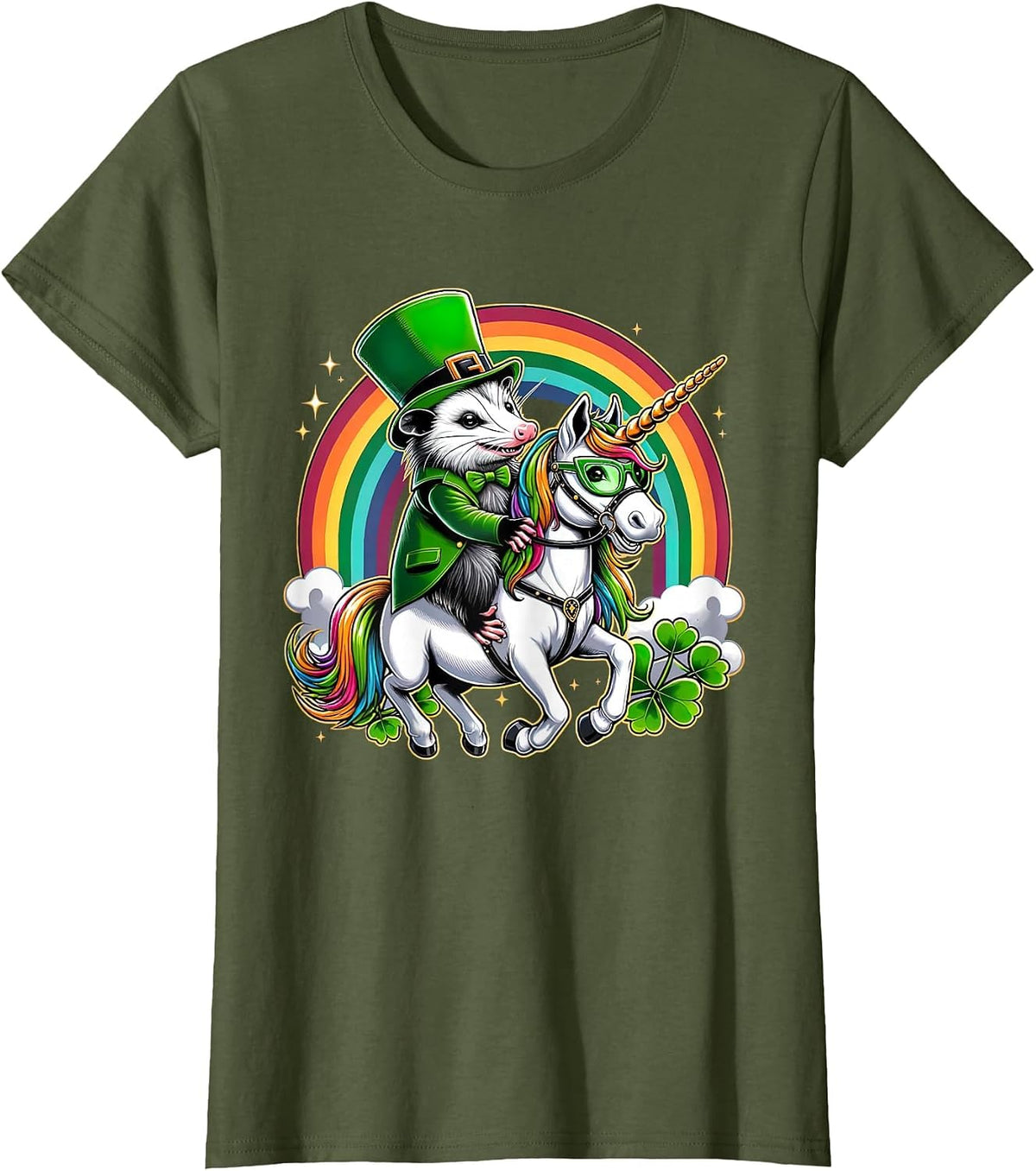 Funny Opossum Leprechaun Riding Unicorn St Patricks Day T-Shirt - Olive Green