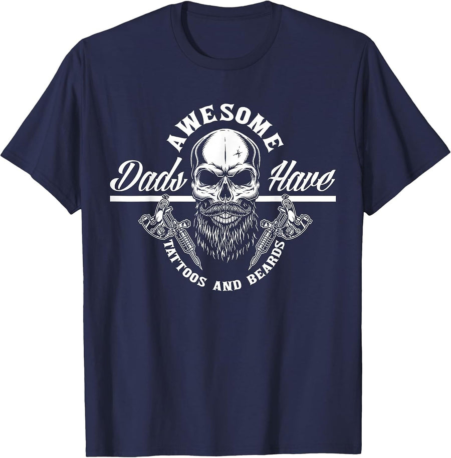 Awesome Dads Have Tattoos and Beards Funny Father Dad T-Shirt - Navy Blue