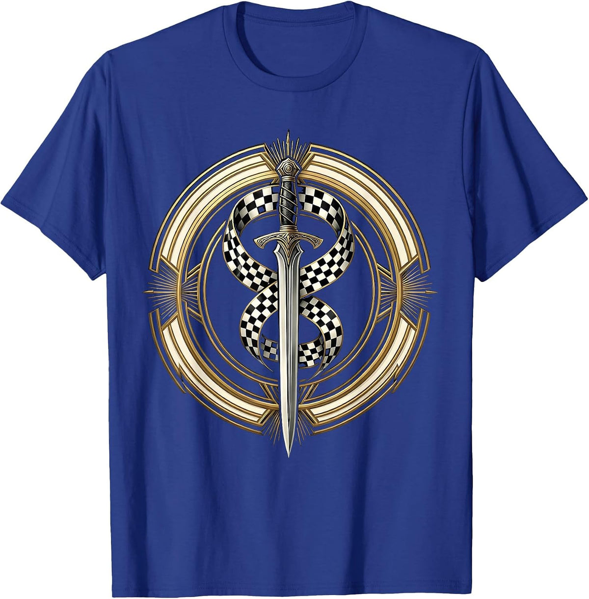 Dagger Wrapped in Checkered Ribbon Graphic T-Shirt - Royal Blue