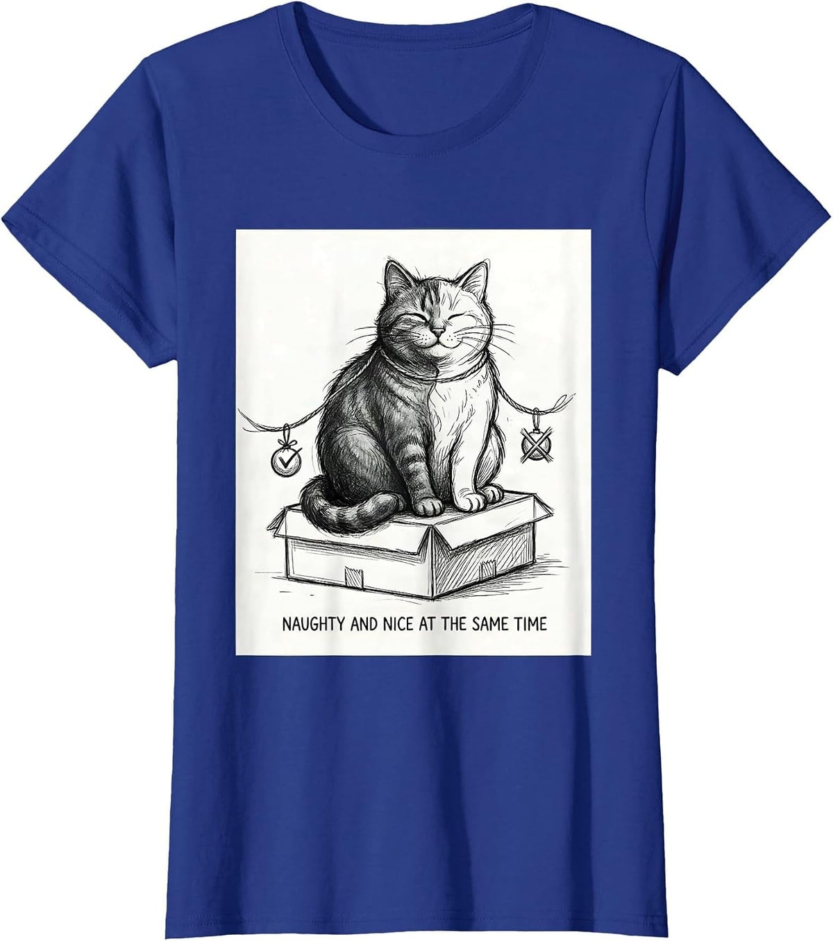 Women's Naughty And Nice At The Same Time Quantum Physics Cat Humor T-Shirt - Royal Blue