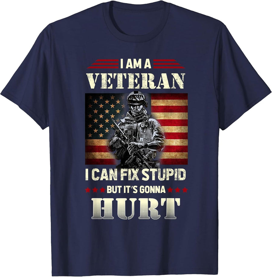 Distressed I Am A Veteran I Can Fix Stupid - Veterans Day T-Shirt - Navy Blue