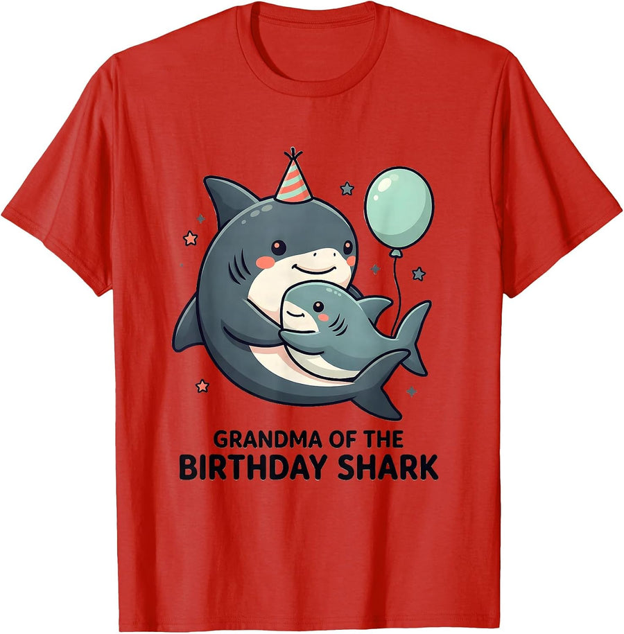 Men's Grandma Of The Birthday Shark Cute Kawaii Family Matching T-Shirt - Red