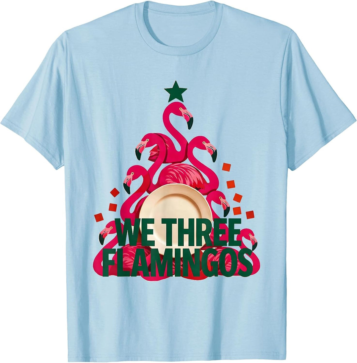 Men's We Three Flamingos Funny Pink Flamingo Christmas in July T-Shirt - Baby Blue