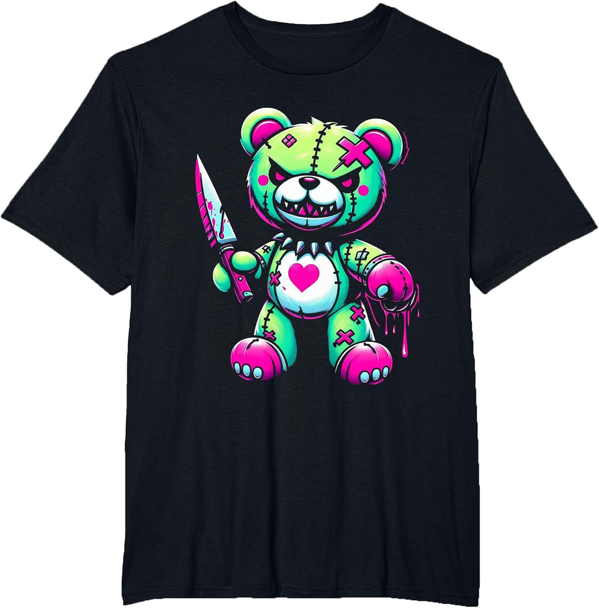 Pastel Goth Teddy Bear Horror Halloween Creepy Scary T-Shirt - Black
