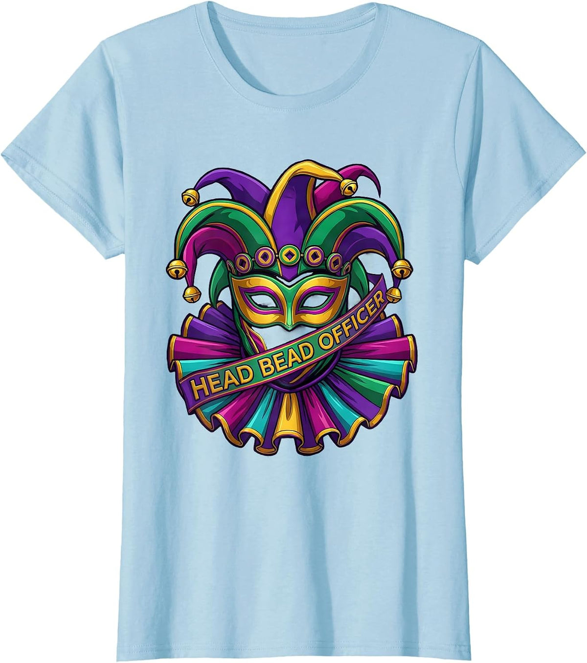 Head Bead Officer Colorful Mardi Gras Carnival Party Costume T-Shirt - Baby Blue
