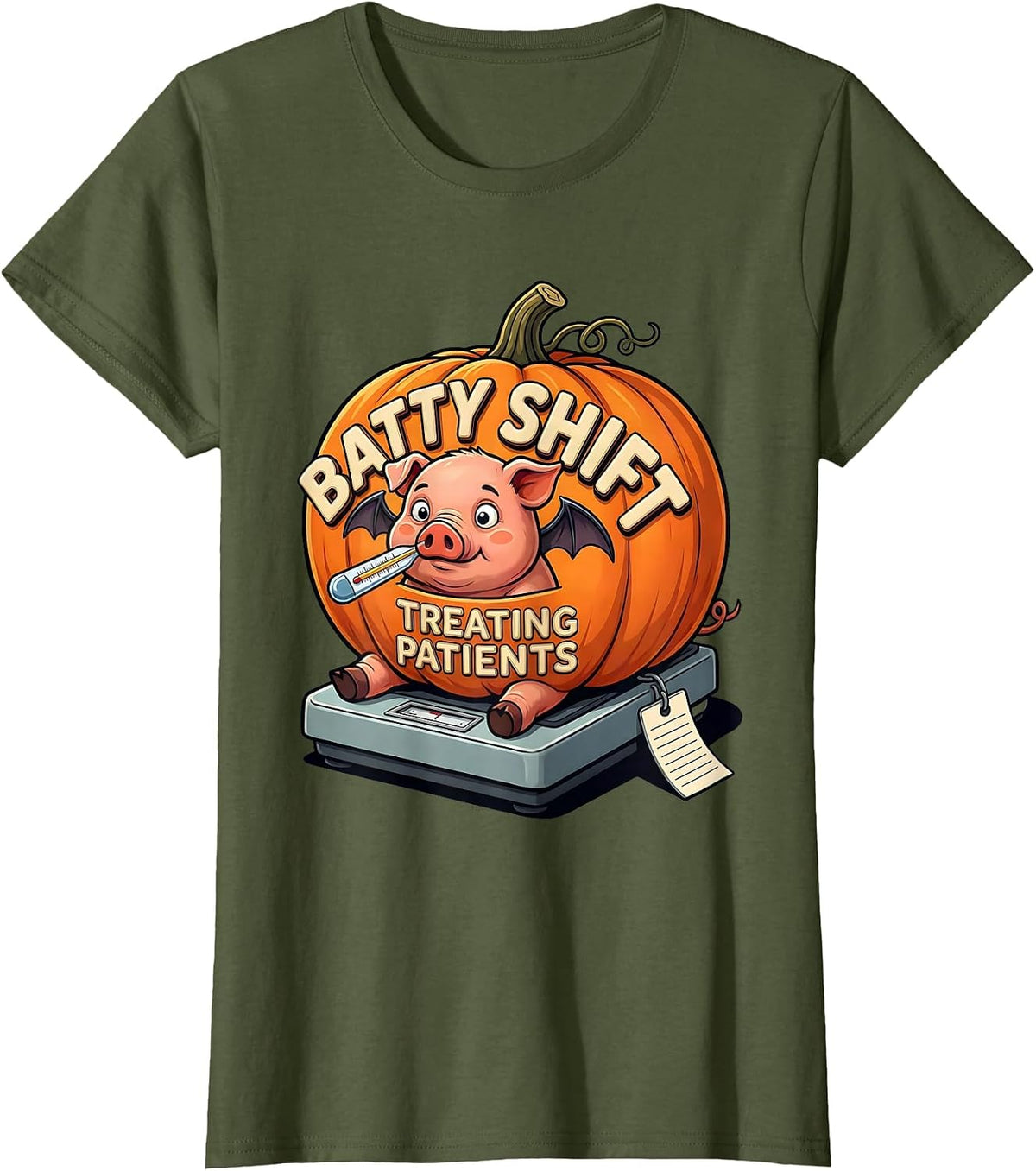 Women's Batty Shift Treating Patients Funny Vet Tech Halloween T-Shirt - Olive Green
