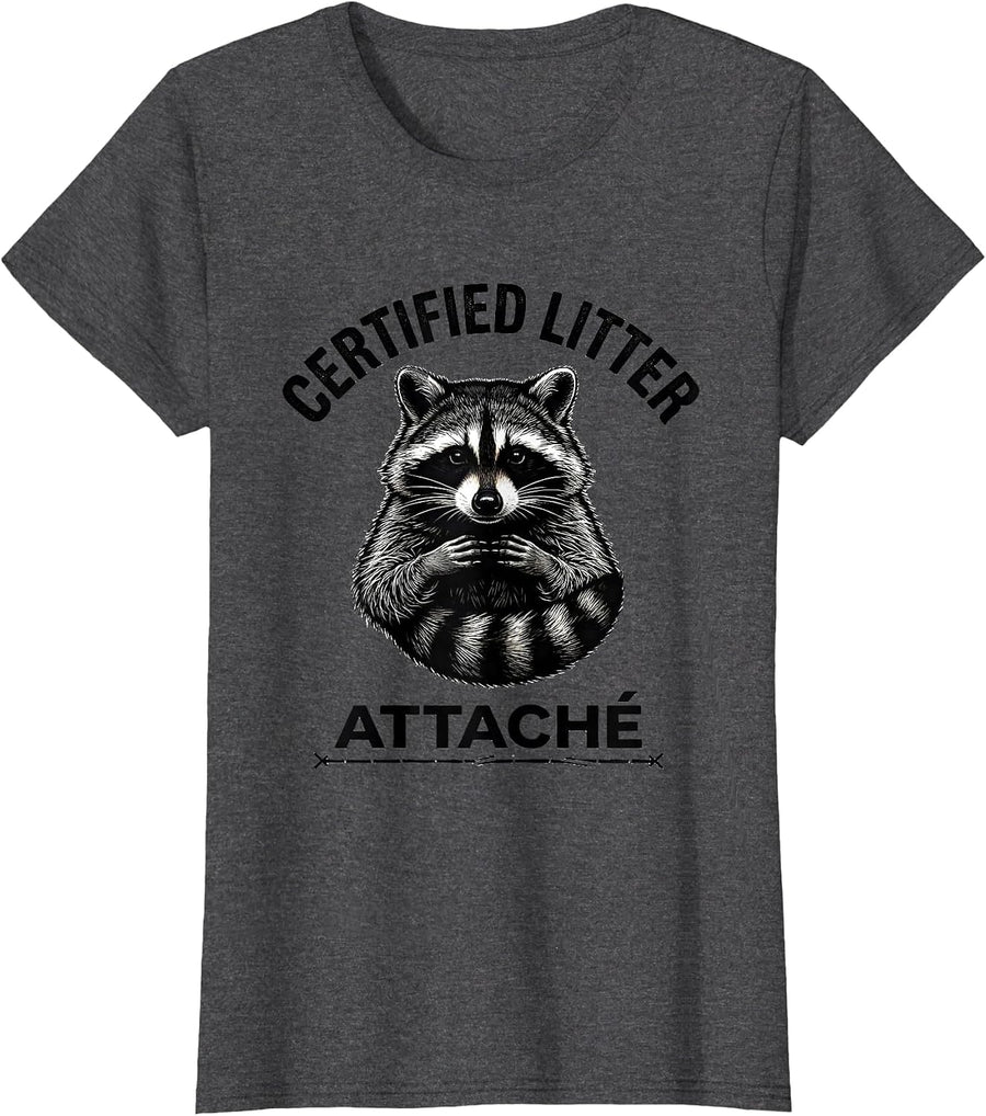 Women's Certified Litter Attaché Funny Raccoon Trash Panda Absurdist T-Shirt - Dark Heather Grey