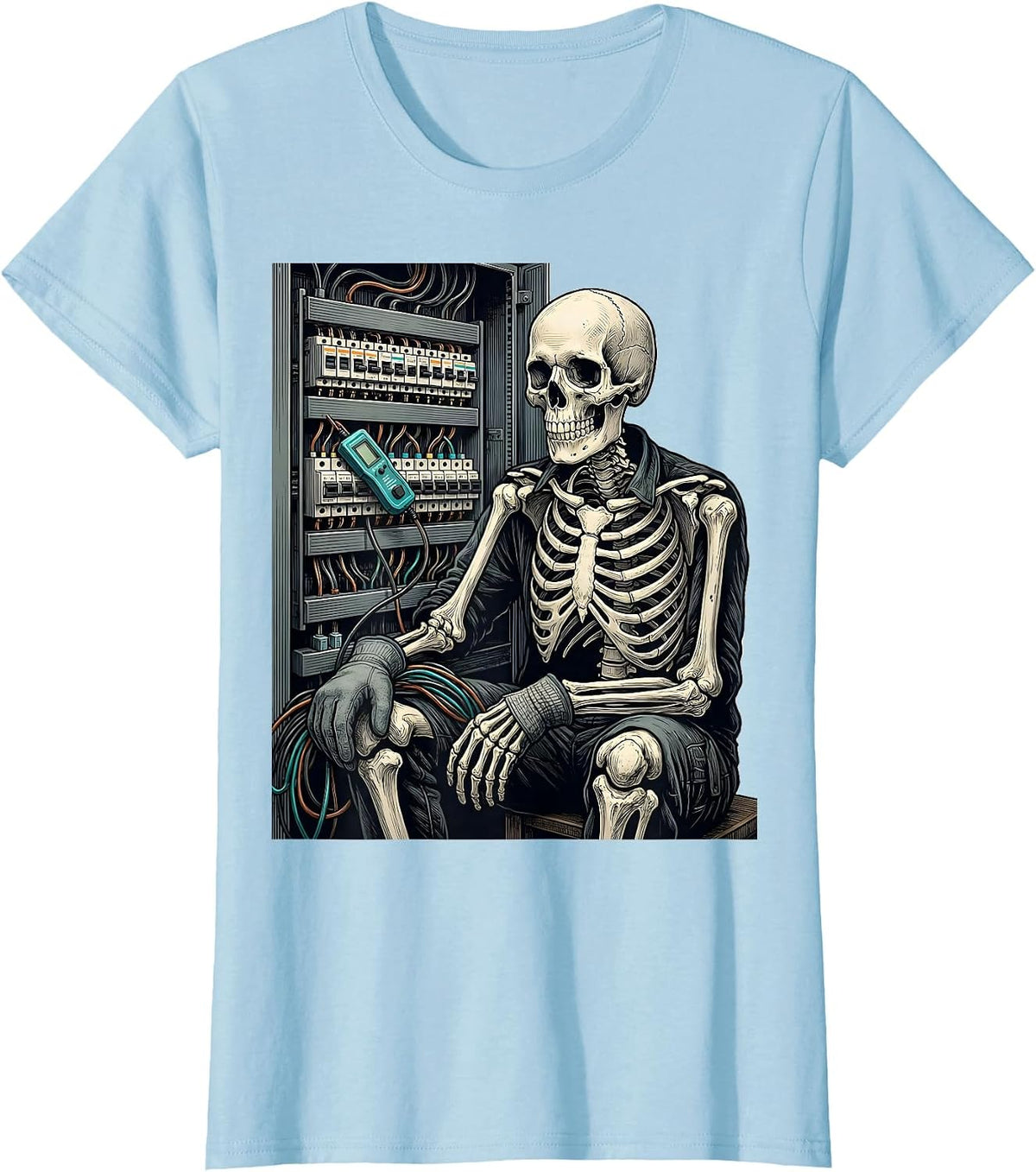 Skeleton Electrician Sign Painter Humor Funny T-Shirt - Baby Blue