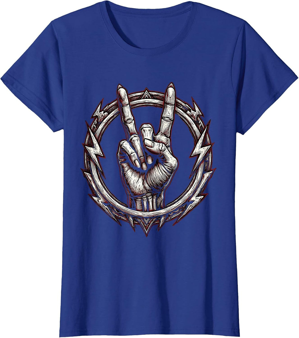 Women's Skeletal Devil Horns Rock And Roll Hand Sign T-Shirt - Royal Blue
