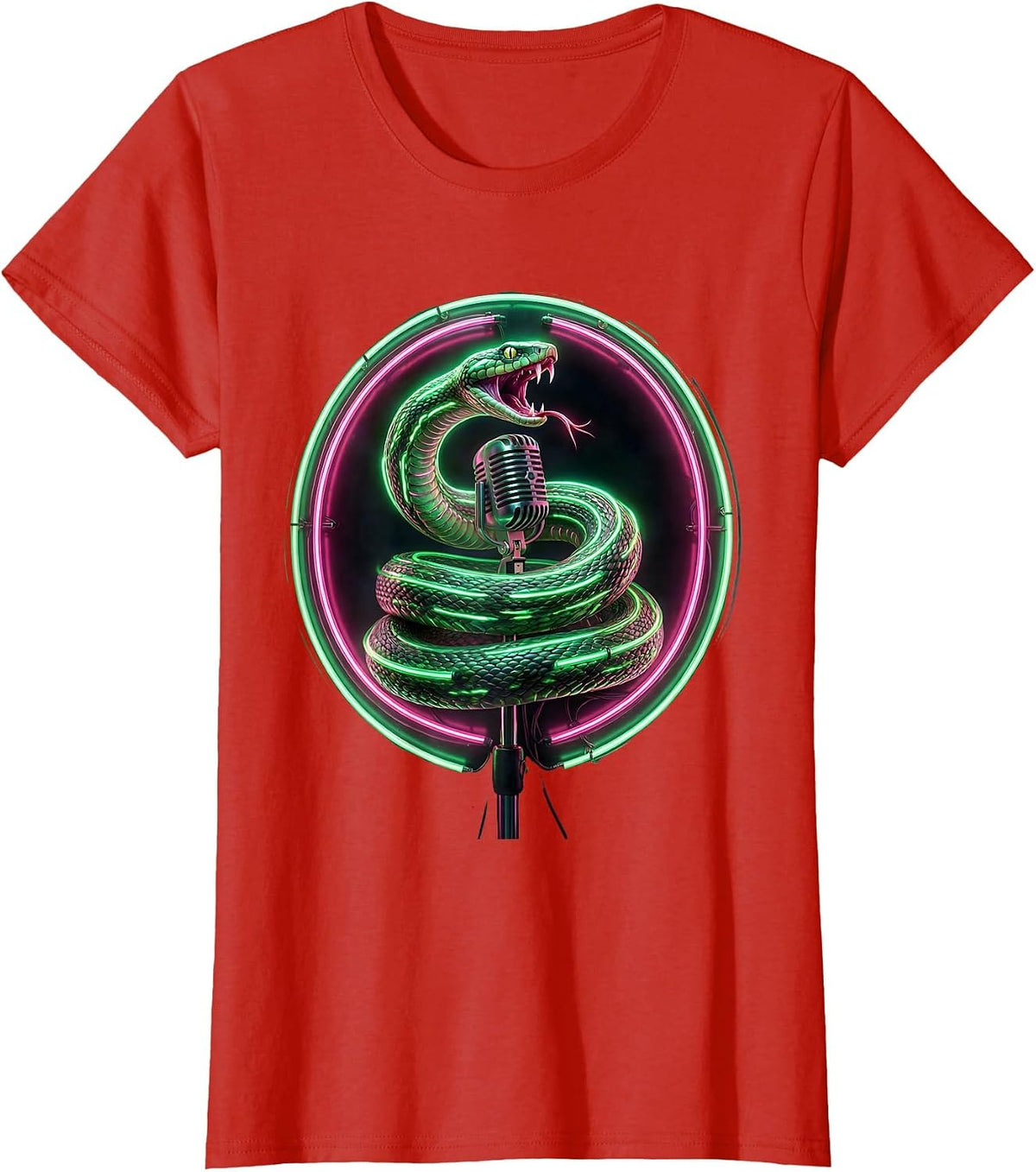 Snake Coiled Microphone Stand 80s Rock Graphic T-Shirt - Red