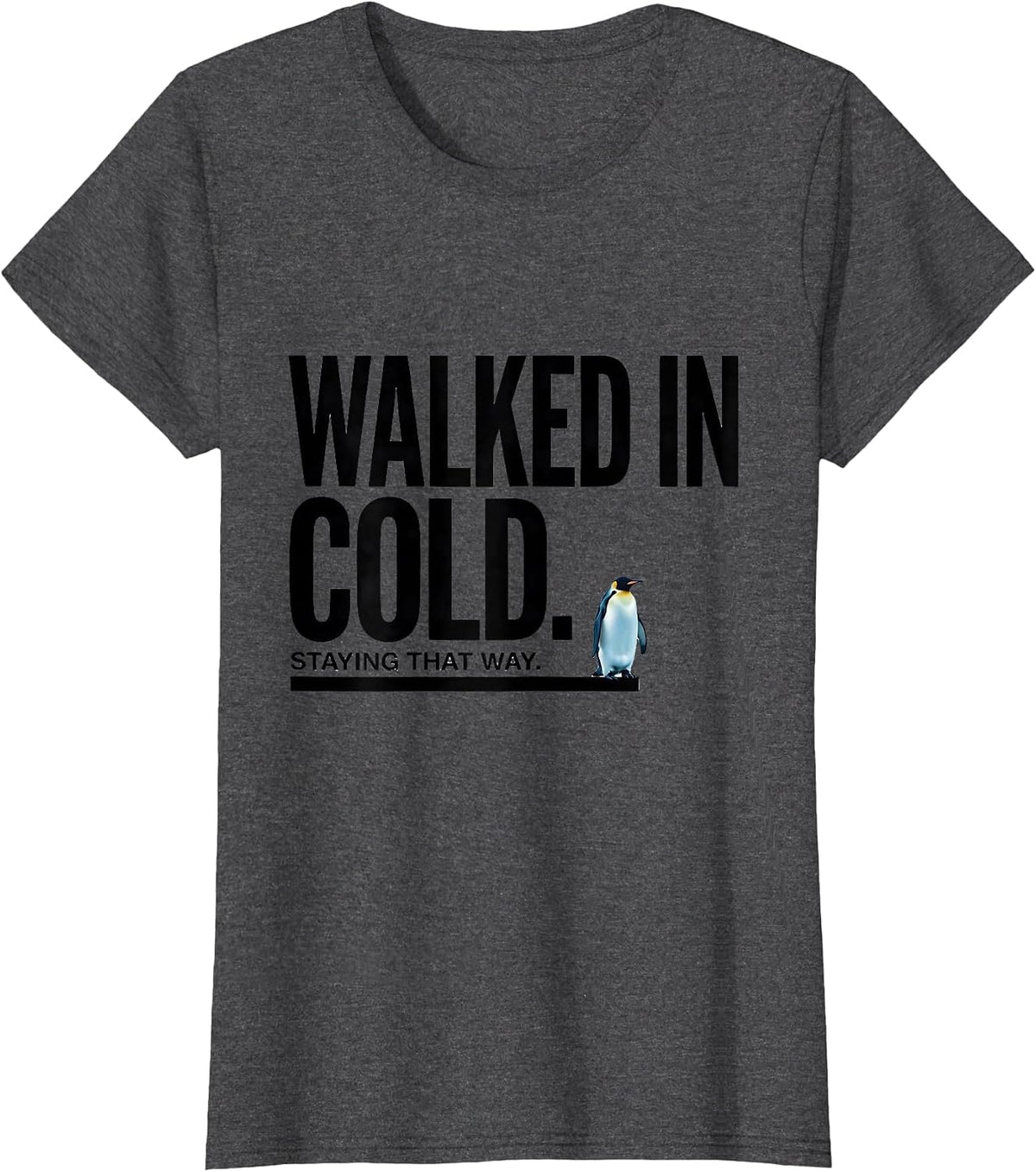 Women's Walked In Cold Staying That Way Funny Penguin Lover Humor T-Shirt - Dark Heather Grey