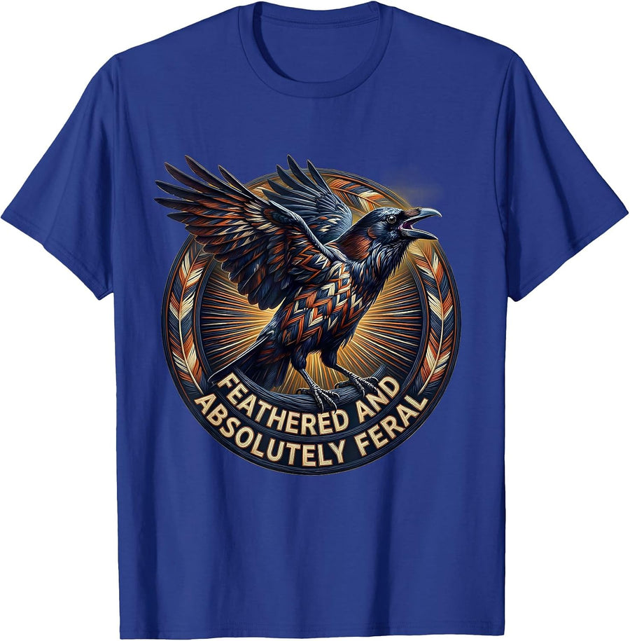 Feathered and Absolutely Feral Crow Design T-Shirt - Royal Blue