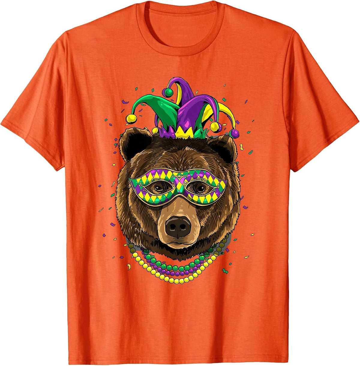 Bear Animal Lover Cute Mardi Gras Carnival Jester T-Shirt, Men, Orange, Large - As Pictured