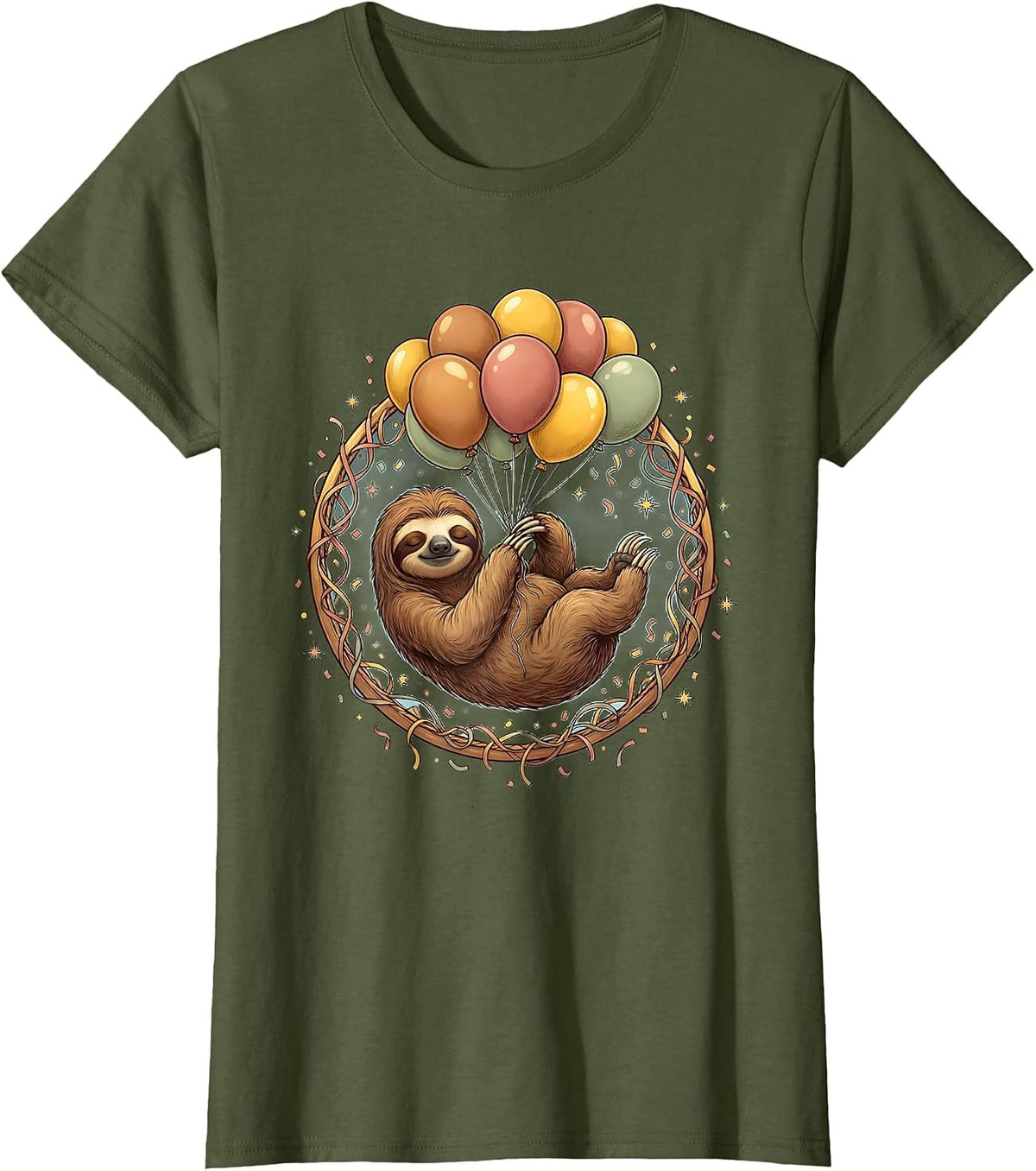 Women's Sloth Balloon Birthday Graphic Tee T-Shirt - Olive Green