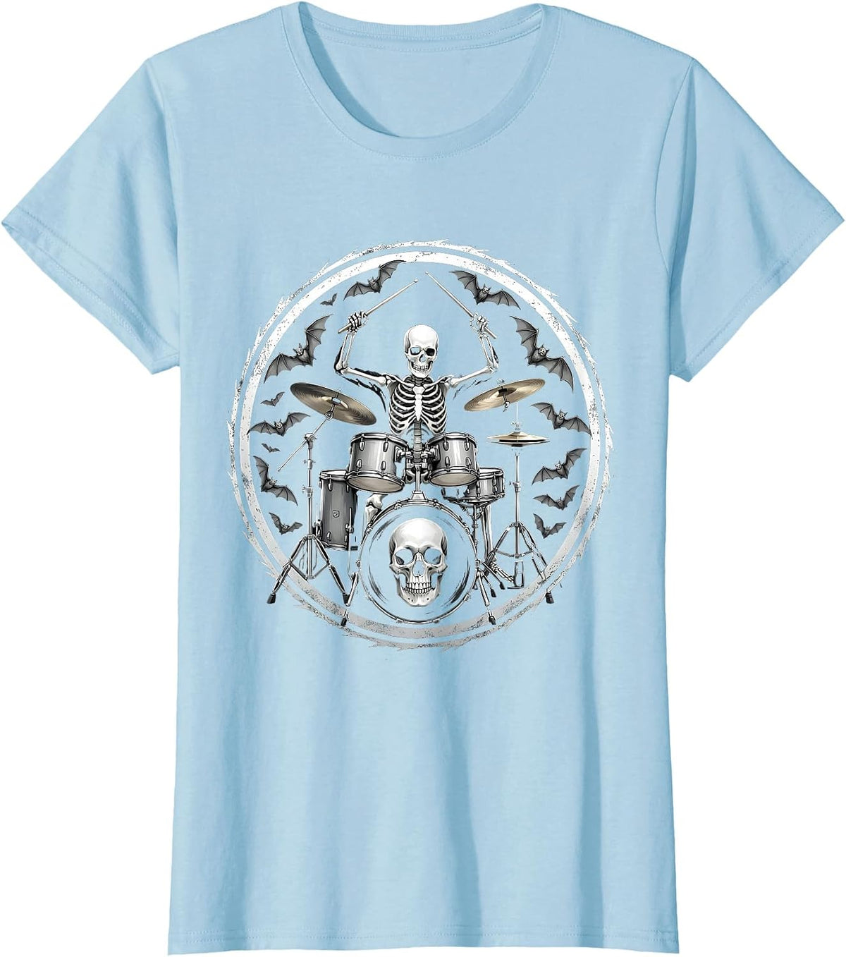 Skeleton Drummer Halloween Bats Graphic T-Shirt - Baby Blue