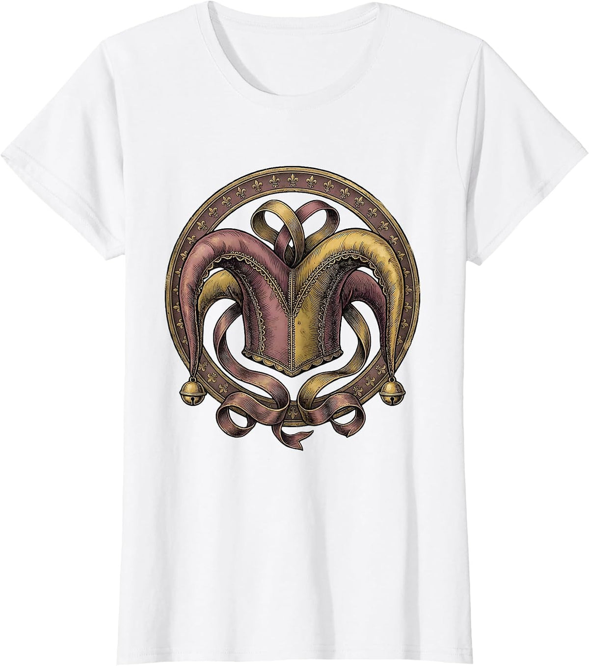 Women's Mardi Gras Jester Hat with Bells and Ribbons T-Shirt - White