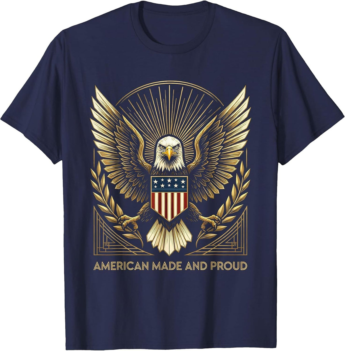 American Made and Proud USA Flag Patriotic Design T-Shirt - Navy Blue