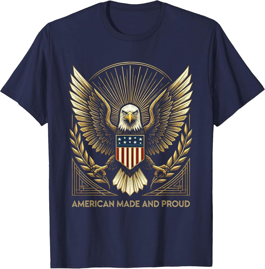 American Made and Proud USA Flag Patriotic Design T-Shirt - Navy Blue