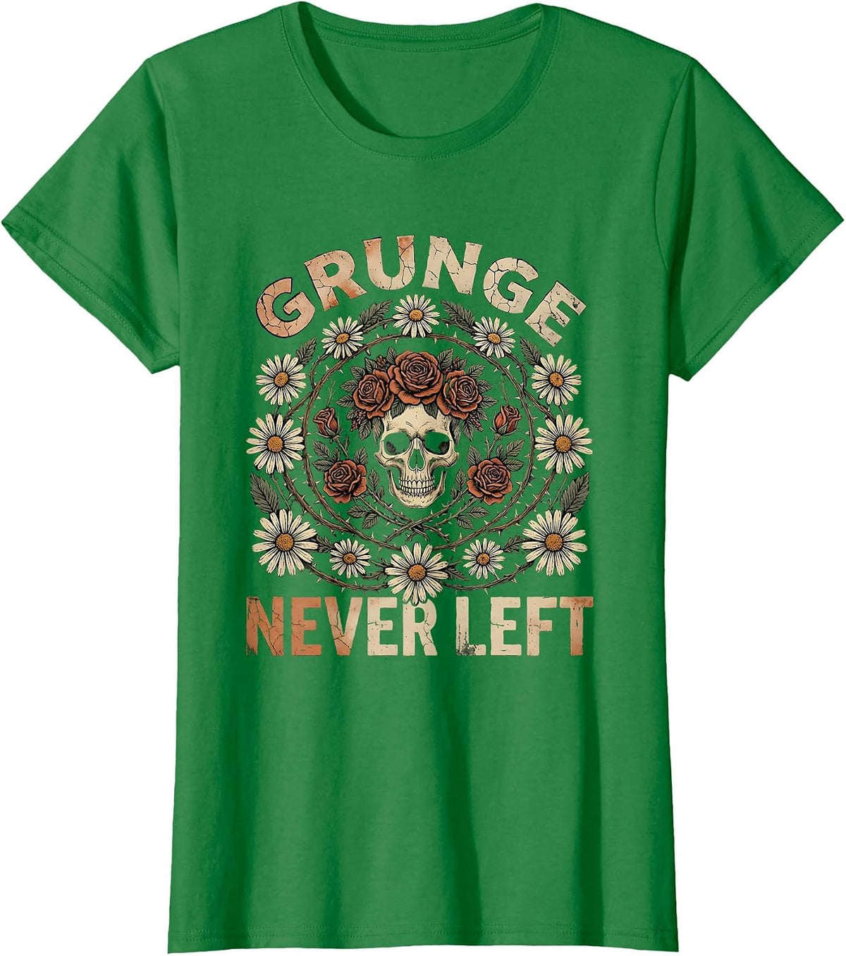 Women's Grunge Never Left Bold Retro Rock Design T-Shirt - Kelly Green
