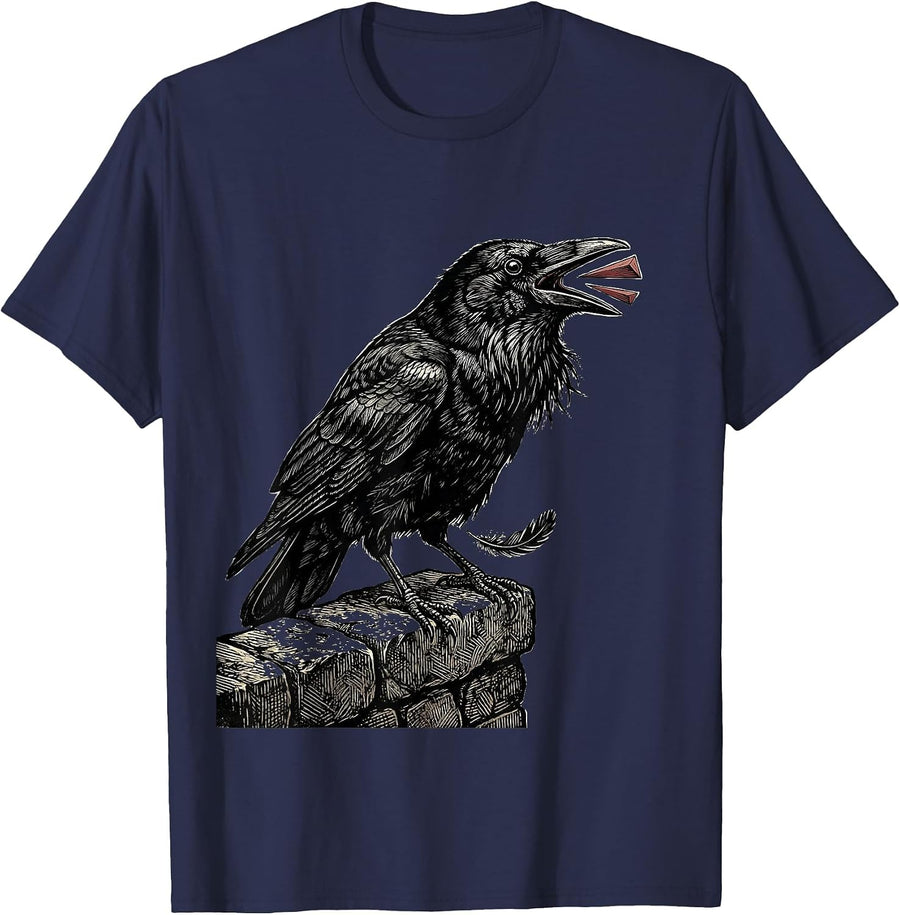 Crow on Stone Marker Woodcut Engraving Dark Humor T-Shirt - Navy Blue