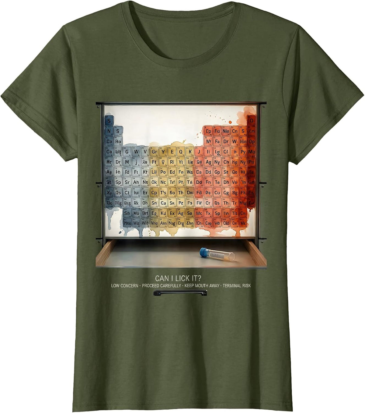 Women's Can I Lick It Funny Periodic Table Science Teacher T-Shirt - Olive Green