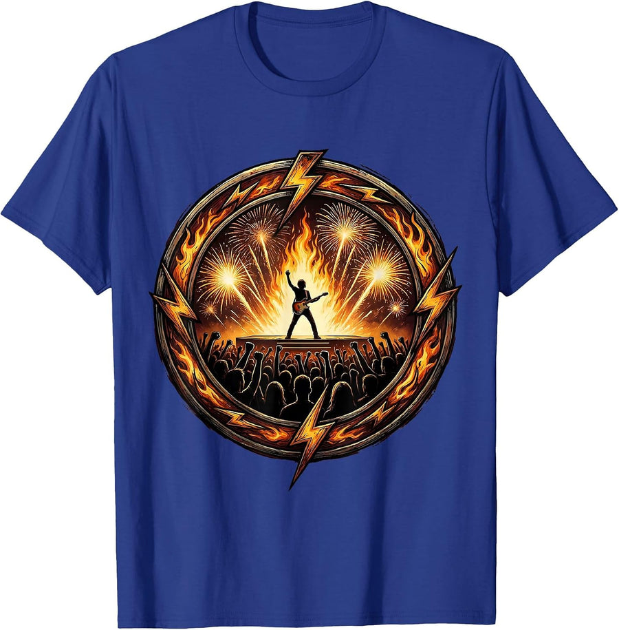 80s Rock Rocker Silhouette Crowd Pyrotechnics Art T-Shirt - Royal Blue