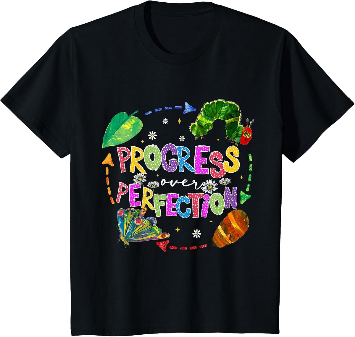 Progress Over Perfection Caterpillar Teacher Back to School T-Shirt - Black