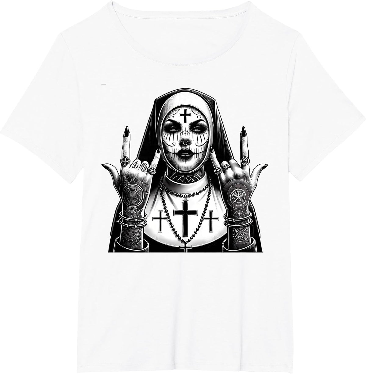 Gothic Aesthetic Occult Unholy Grunge Emo Punk Satanic Nun T-Shirt - White