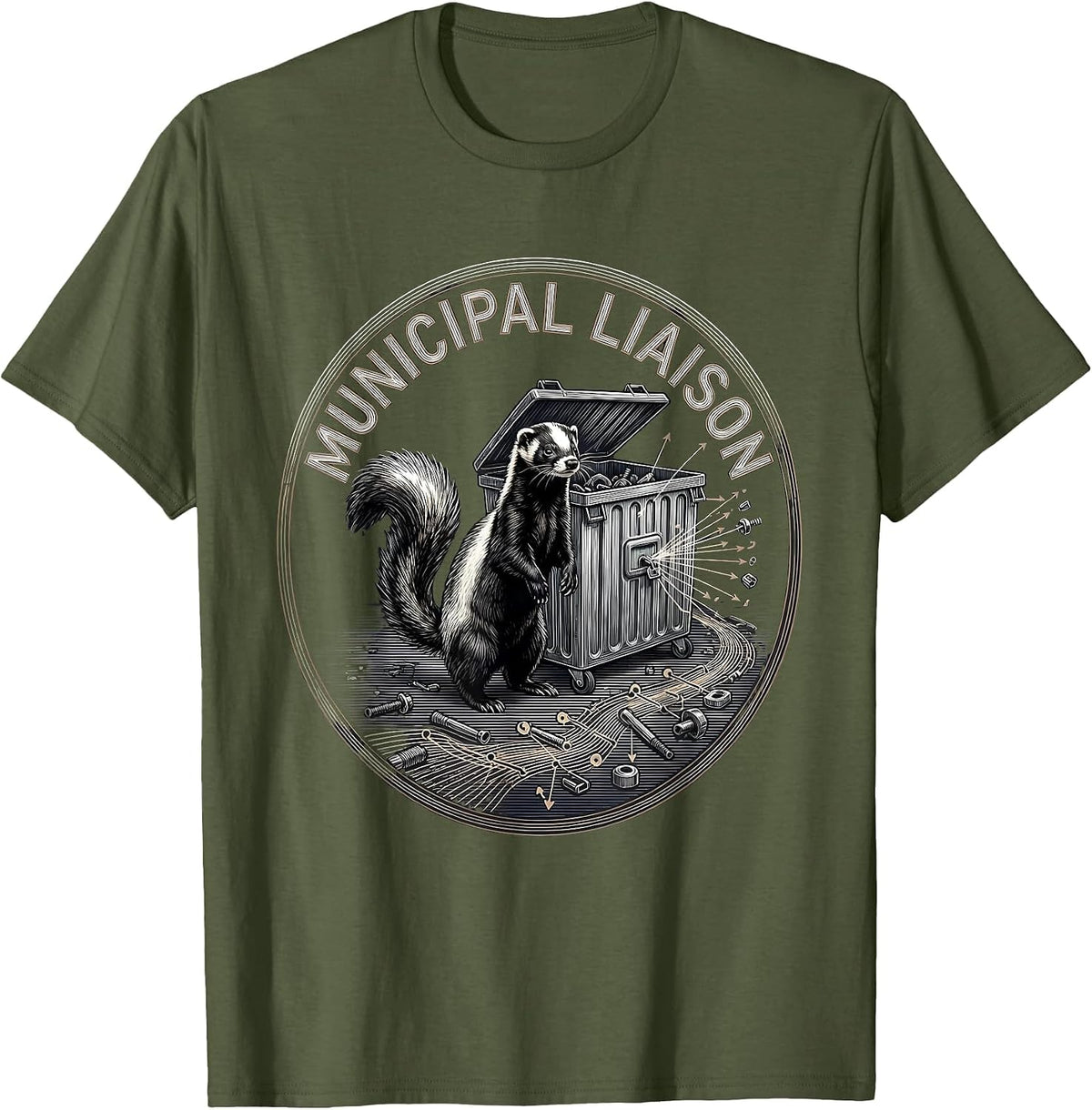 Men's Municipal Liaison Funny Skunk Raccoon Opossum Street Cat T-Shirt - Olive Green