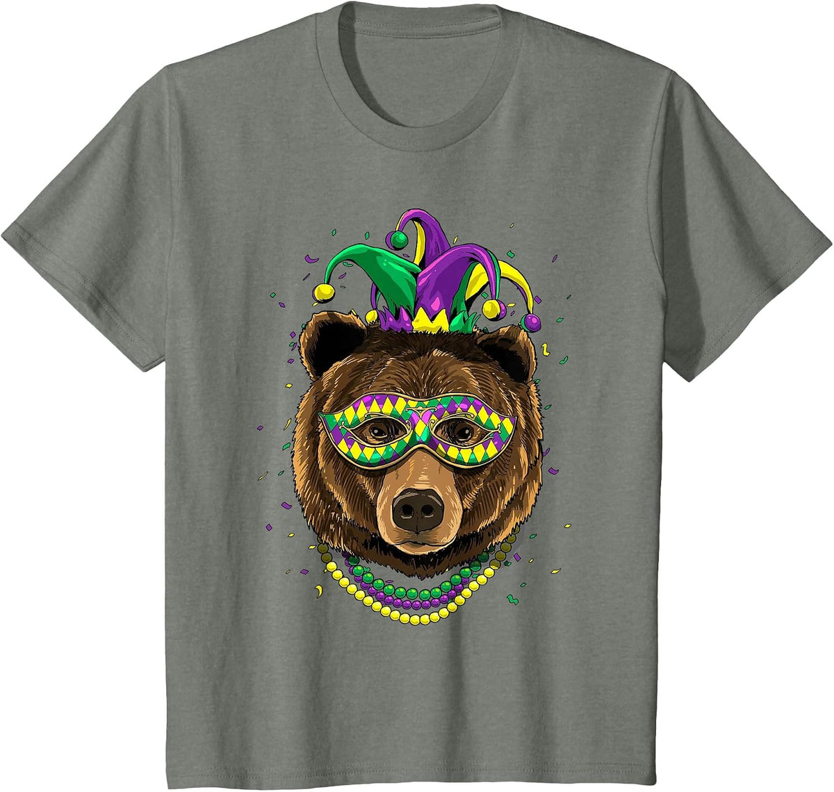 Bear Animal Lover Cute Mardi Gras Carnival Jester T-Shirt, Youth, Olive Heather, Medium - As Pictured