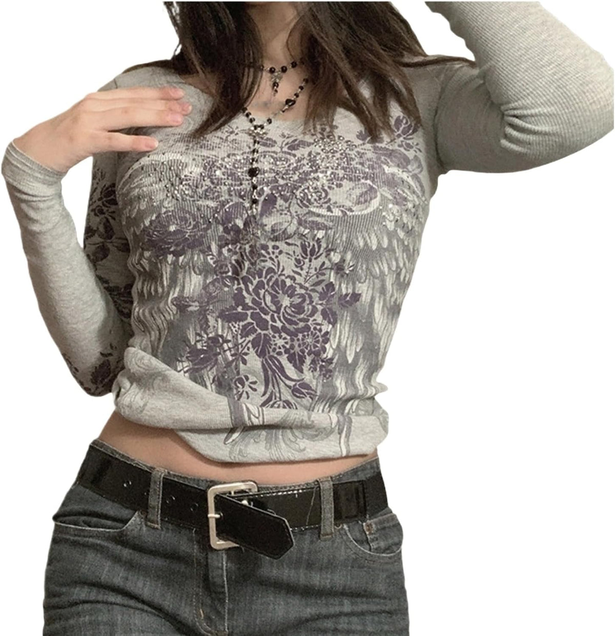 Grunge Shirts Emo Clothe Teen Girls Vintage Graphic Tee Y2k 2000s Goth Top Women Mcbling Long Sleeve Streetwear - Grey