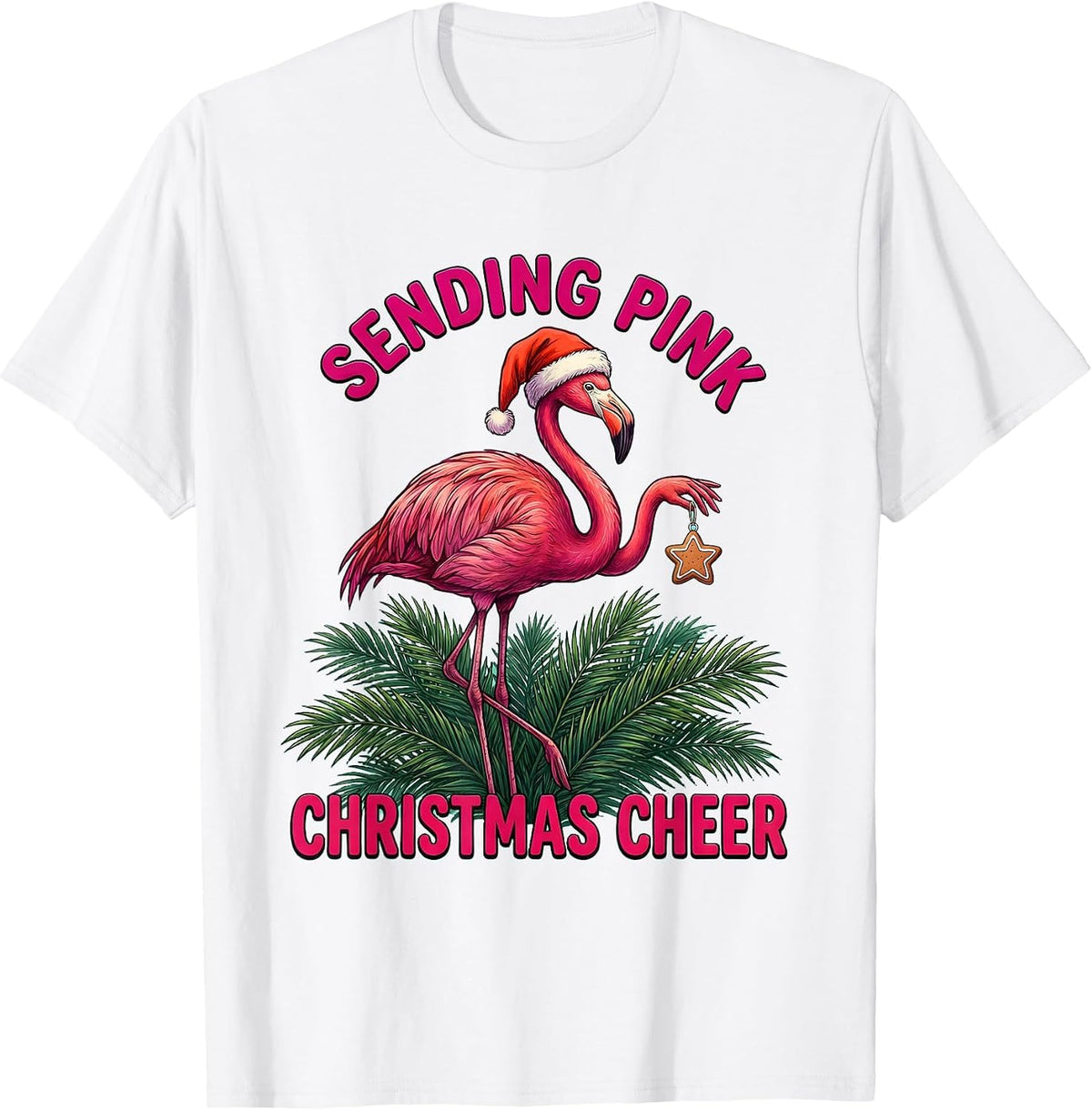 Men's Sending Pink Christmas Cheer Funny Flamingo Santa Hat T-Shirt - White