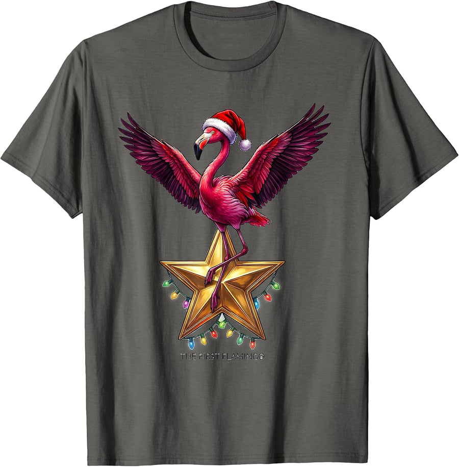 The First Flamingo Funny Pink Flamingo Santa Hat Christmas T-Shirt - Asphalt Grey