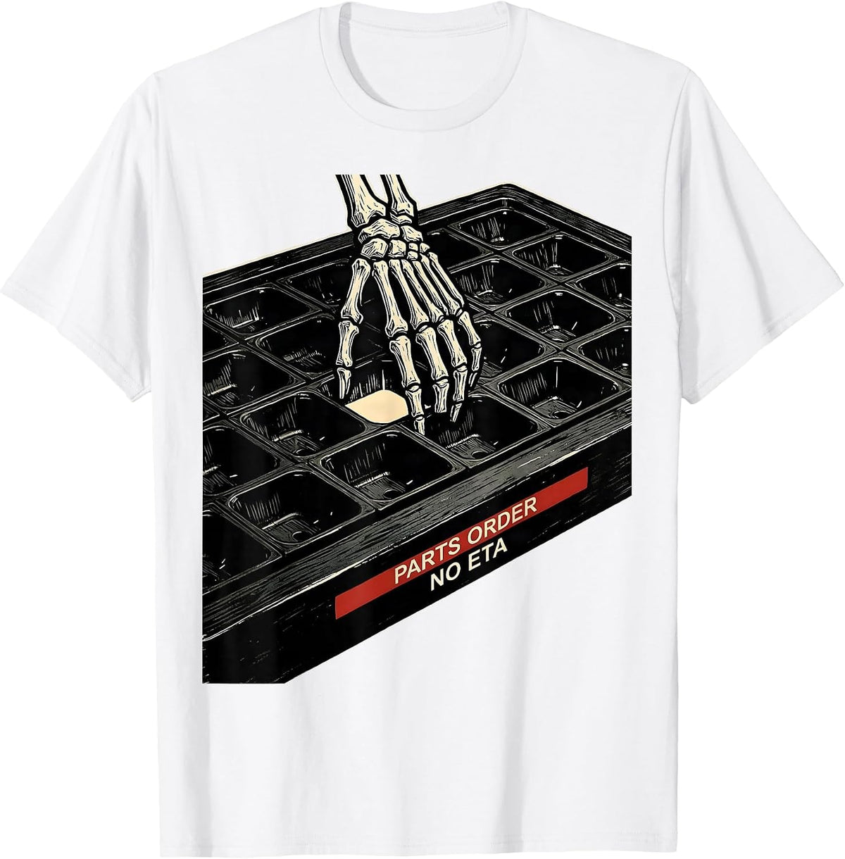 Men's Parts Order No ETA Funny Mechanic Skeleton Auto Repair T-Shirt - White