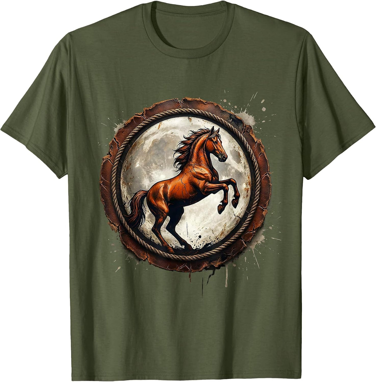Men's Rearing Horse Full Moon Western Night Sky T-Shirt - Olive Green