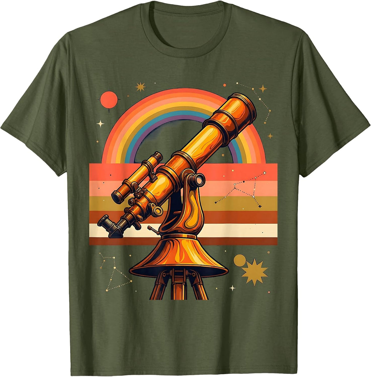 Stargazing Telescope Night Sky Illustration T-Shirt - Olive Green