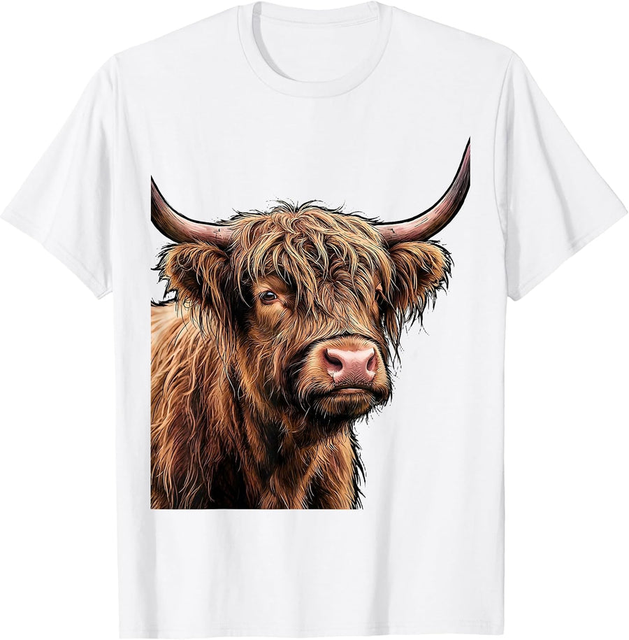Men's Shaggy Highland Cow Head Farm Animal Humor Novelty T-Shirt - White