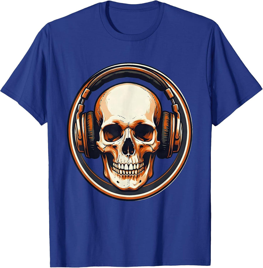 Skull Vintage Headphones Band Music Graphic Tee T-Shirt - Royal Blue