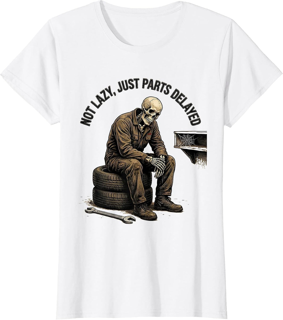 Not Lazy, Just Parts Delayed Funny Mechanic Skeleton Auto T-Shirt - White