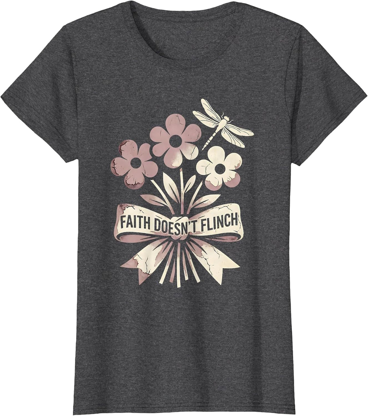 Women's Faith Doesn't Flinch Bold Faith Over Fear Design T-Shirt - Dark Heather Grey