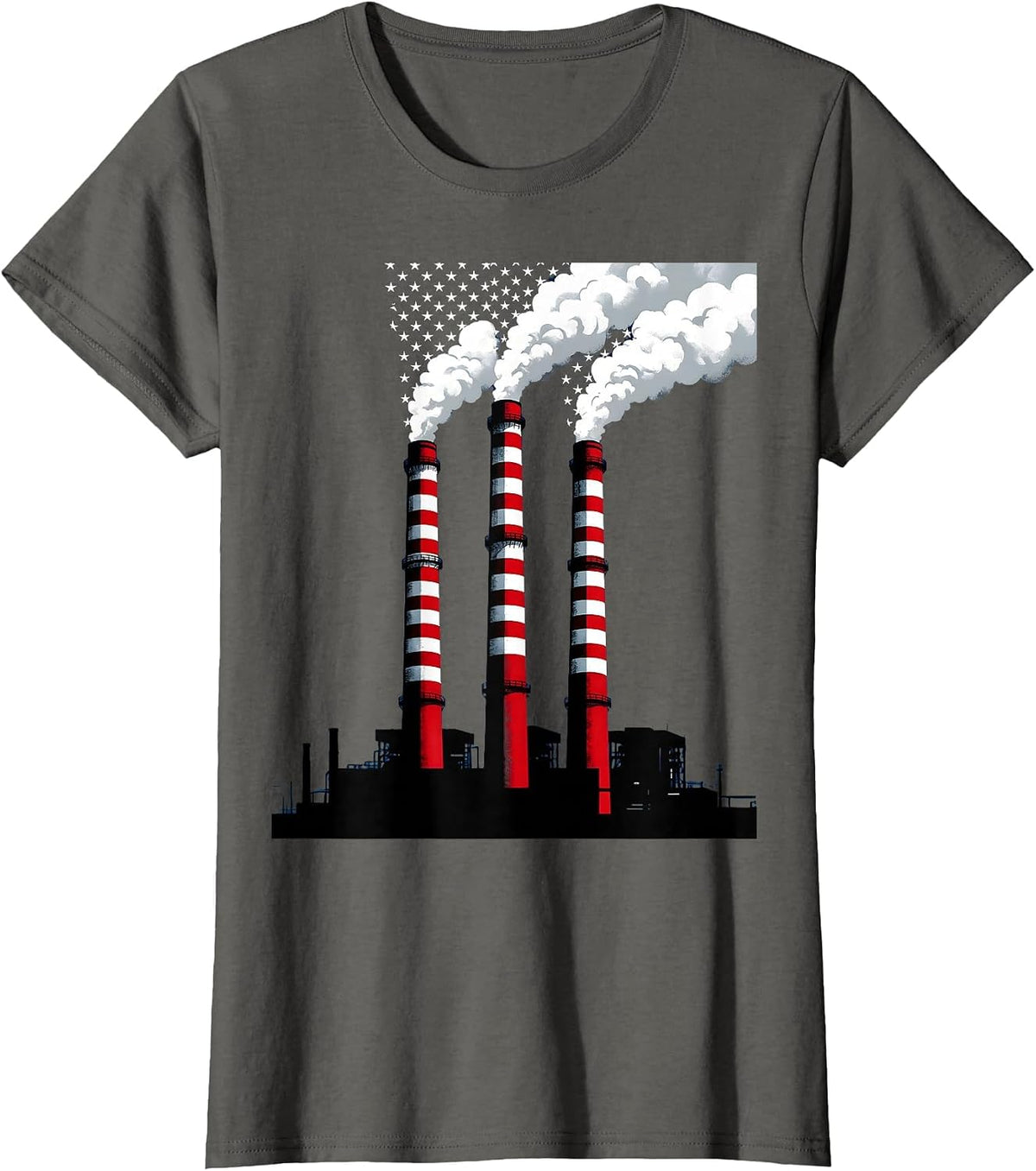 Women's Stars and Stripes Factory Smokestacks Labor Day T-Shirt - Asphalt Grey
