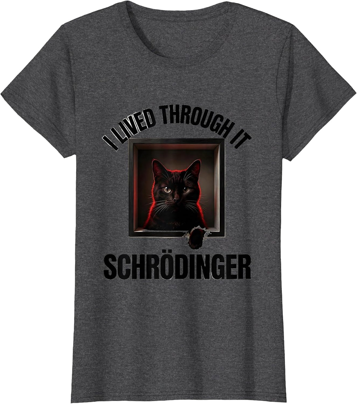 Women's I Lived Through It Schrödinger Funny Quantum Physics Science T-Shirt - Dark Heather Grey
