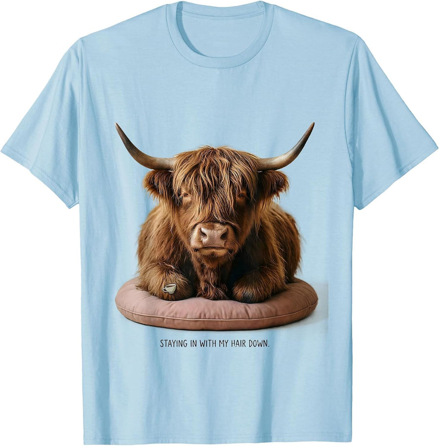Men's Staying In With My Hair Down Cottagecore Highland Cow Humor T-Shirt - Baby Blue