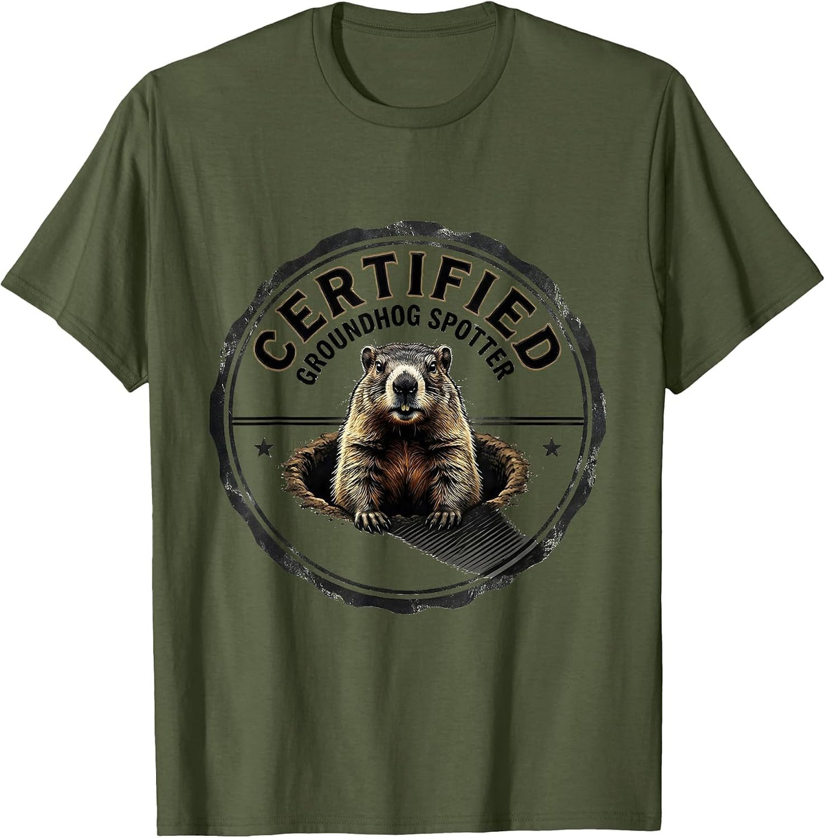 Certified Groundhog Spotter Vintage Emblem Humor Groundhog T-Shirt - Olive Green