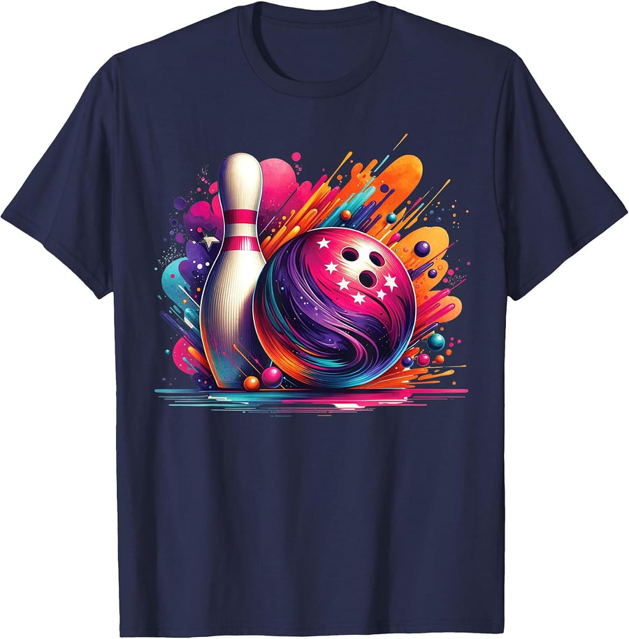 Colorful Bowling Game Day Cute Bowling Colorsplash Ball T-Shirt - Navy Blue